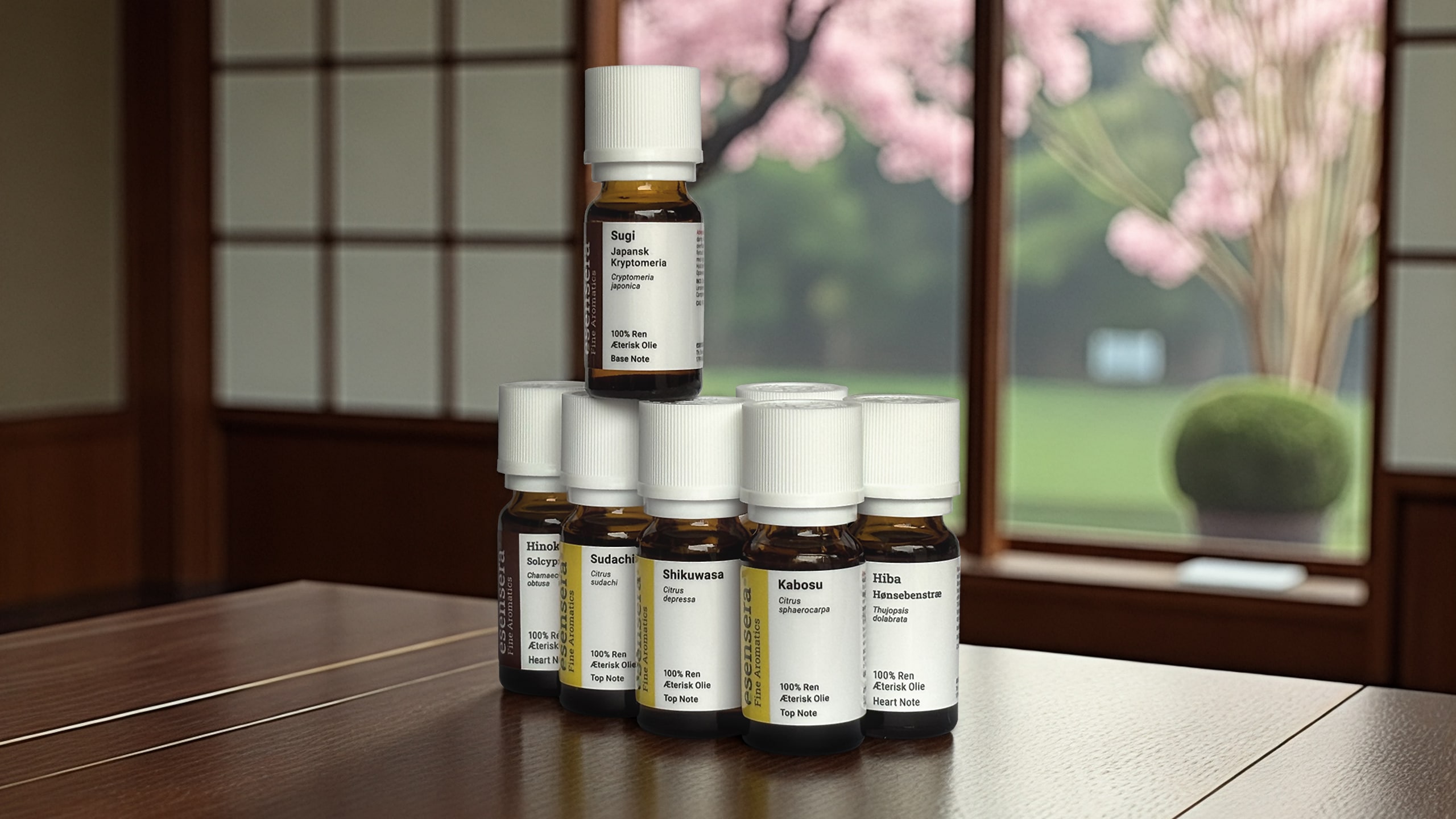 Billede af flasker med æteriske olier i en gaveæske.